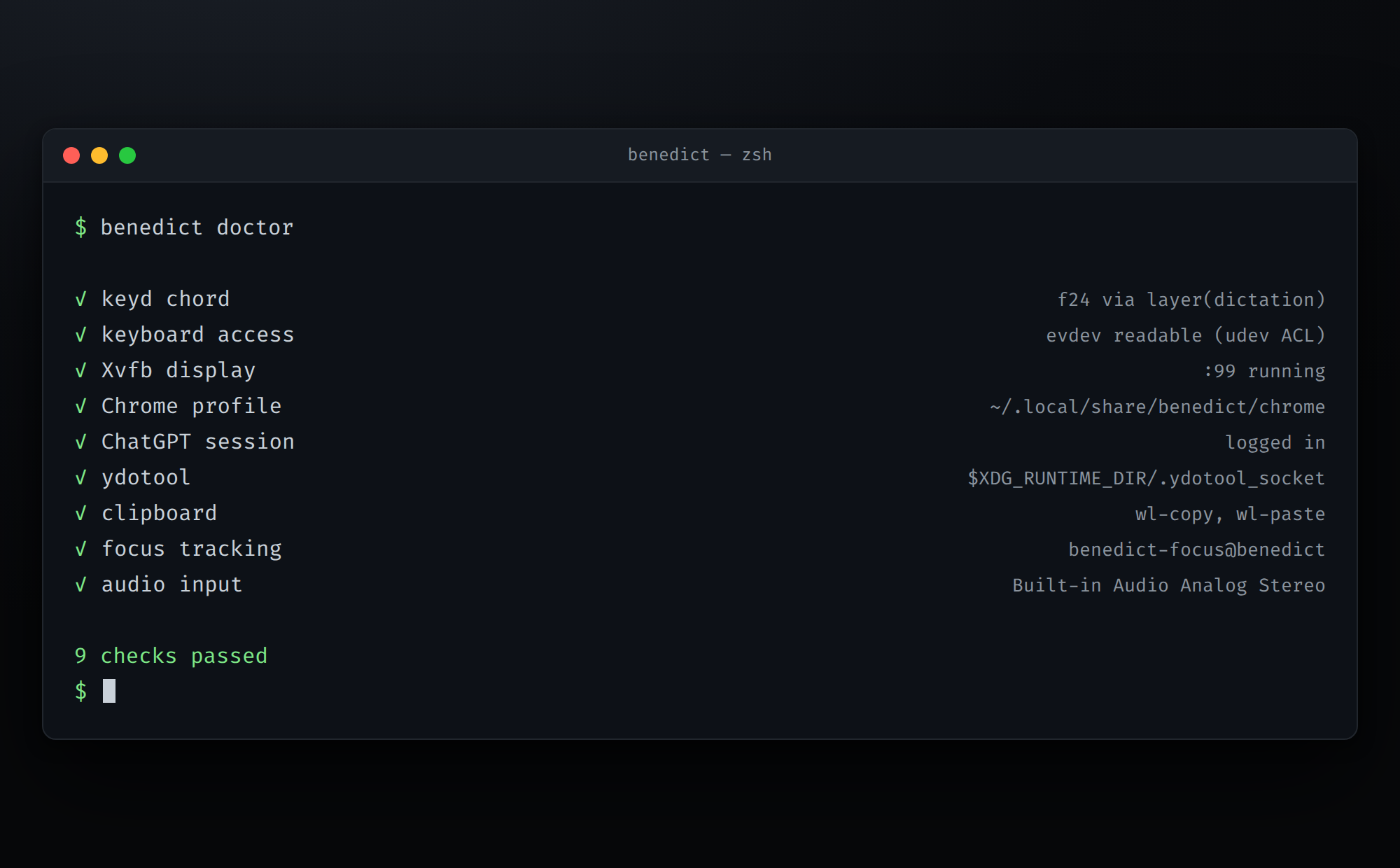 Terminal output of benedict doctor showing all nine checks passing