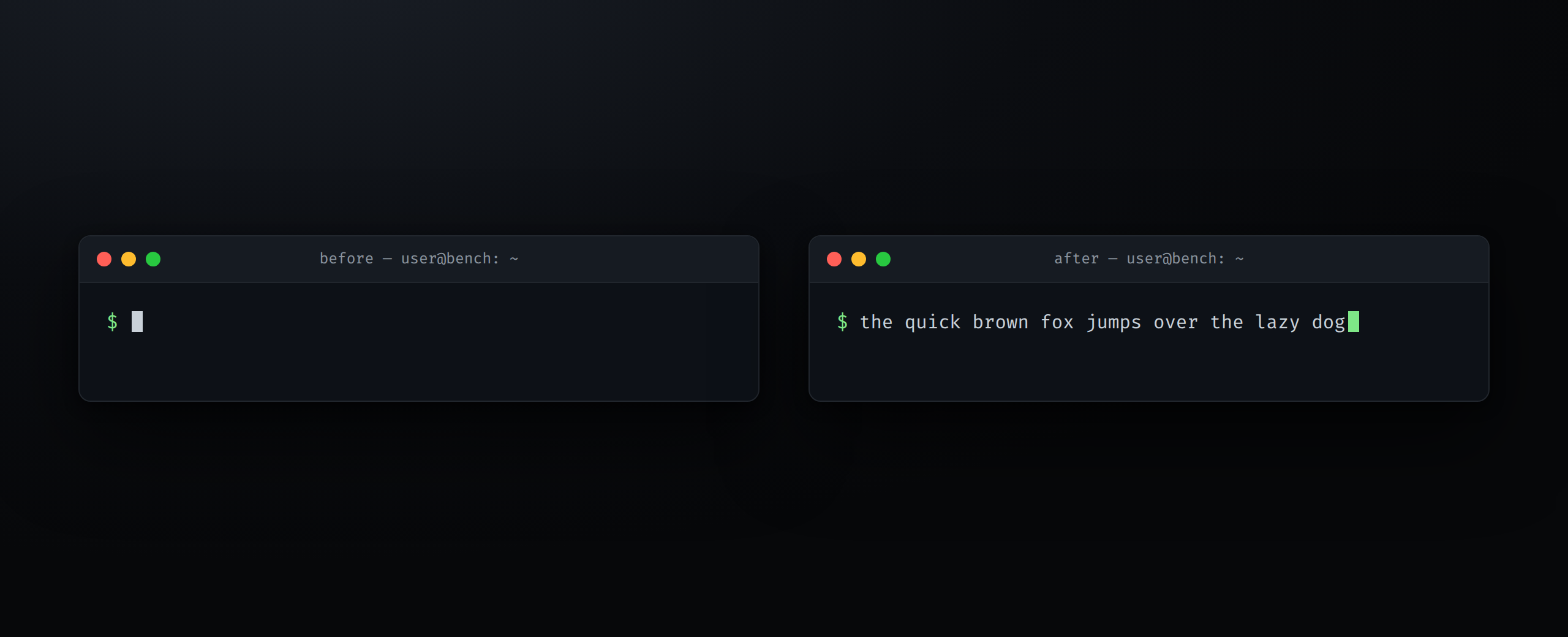 Side by side terminal prompts labeled before and after, the after containing the dictated sentence
